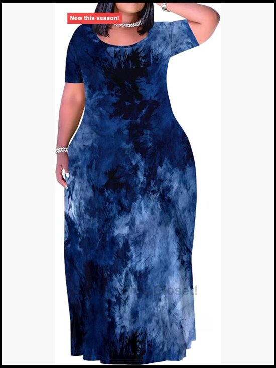 Dresses & Skirts - Plus Size Maxi Dress with Pockets Short Sleeve Crew Neck Casual Floral